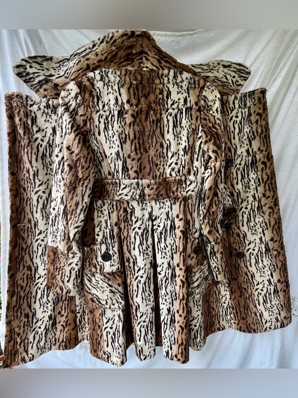 Sara Berman Faux Fur Pea Coat Portrait Neckline Collar Tiger Stripe Vintage - Picture 5 of 16